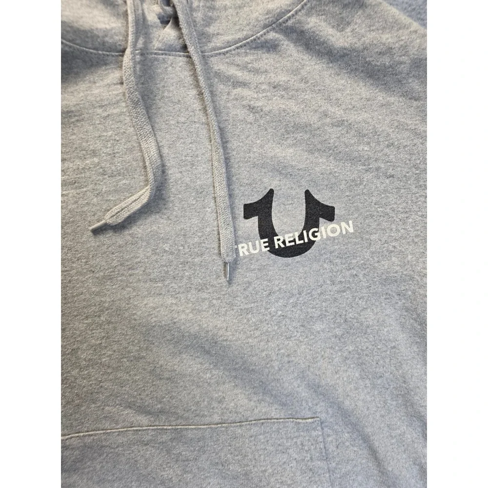 True Religion Mens‎ Hoodie Gray Stacked Logo Graphic Pullover Sweatshirt Medium